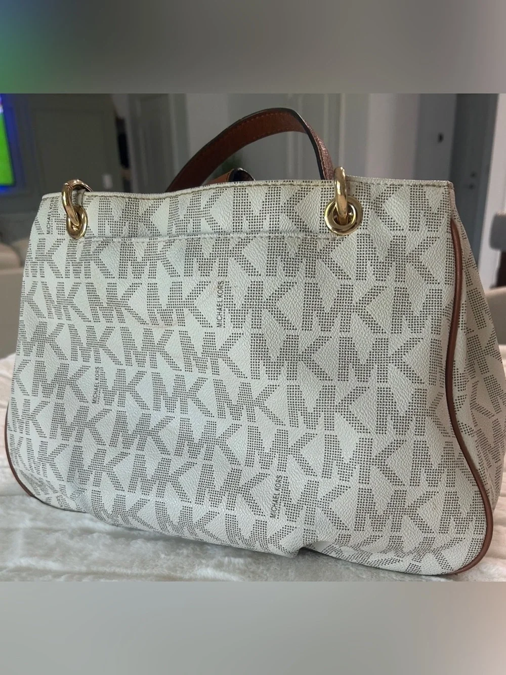 MICHAEL KORS Beige Logo Canvas Tote with Brown Trim and Gold Hardware